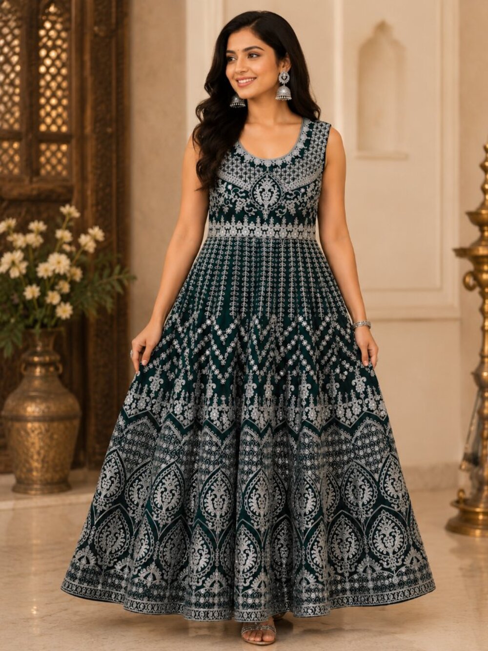 Emerald Green & Silver Embroidered Anarkali Dress | Women's Indian Ethnic Gown
